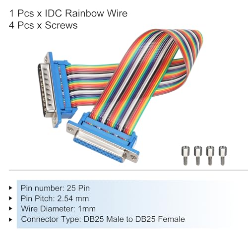 MECCANIXITY IDC Rainbow Wire Flat Ribbon Cable DB25 Male to DB25 Female 8 Inch Length 2.54mm Pitch Breadboard Jumper Wires for Electronic Projects - size: 8 Inch, style: DB25 Male to DB25 Female
