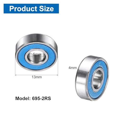 uxcell 8 Pcs 695-2RS Deep Groove Micro Bearing, 5x13x4mm Chrome Steel - size: 695-2RS