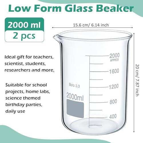 Relaxweex 2 Pcs 2000ml Beaker 3.3 Borosilicate Glass Beakers Lab Beakers - size: 2000ml