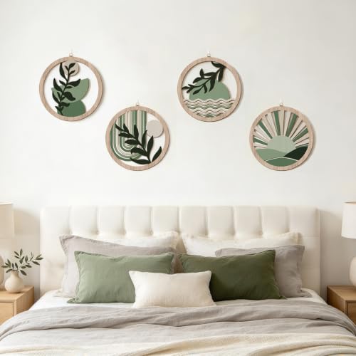 Abstract Mid Century Boho Green Botanical Wall Decor‑4 Pieces 10''x10'' - color: Farmhouse geometric