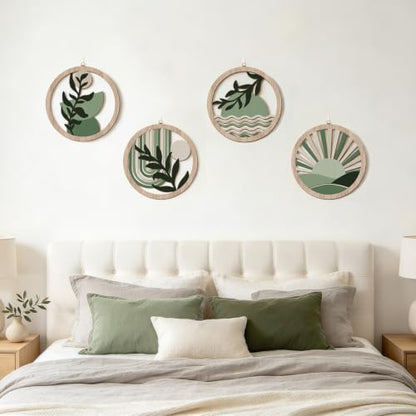 Abstract Mid Century Boho Green Botanical Wall Decor‑4 Pieces 10''x10'' - color: Farmhouse geometric