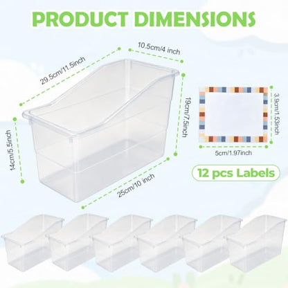 12 Pack Book Bins for Classroom Stackable Plastic Storage with Labels - color: transparent