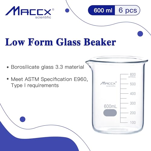 20.3oz(600ml) Sturdy Glass Beaker, 3.3 Borosilicate Griffin Low Form with Printed Graduation, Pack of 6, BKL600-006 - style: Vol.600ml, Pack of 6
