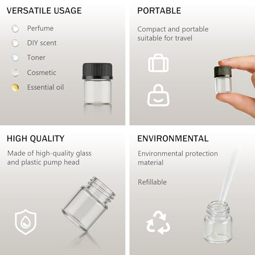 50pcs 1ML 1/4 Dram Mini Clear Glass Essential Oils Vial Small Sample Bottles with Black Caps for Essential Oils Chemistry Lab Chemicals Colognes Perfumes Pipette droppers as Gift