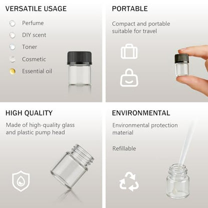 50pcs 1ML 1/4 Dram Mini Clear Glass Essential Oils Vial Small Sample Bottles with Black Caps for Essential Oils Chemistry Lab Chemicals Colognes Perfumes Pipette droppers as Gift