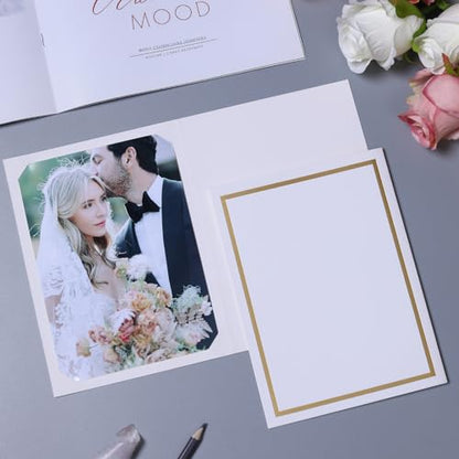 50 Count Photo Folders for 4x6 or 5x7 Pictures,Paper Picture Frames,Cardboard Greeting Photo Frame Cards for Graduation Wedding Birthday Classroom DIY (White with Gold Trim) - style: 50CT - White