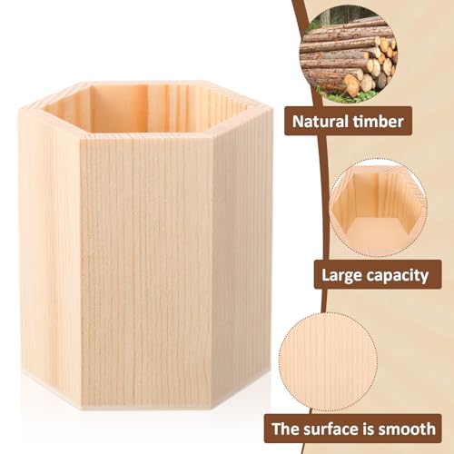 DoubleFill 12 Pack Wooden Pencil Holder Unfinished Wood Pen Holder for DIY Crafts 3 x 3 x 4 Inch Mini Wood Desk Organizer for Back to School Classroom Homemade Art Projects Supplies(Hexagonal)