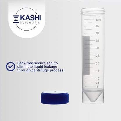 Kashi Scientific 50mL Self Standing Plastic Centrifuge Tubes with Screw Cap Lid, Skirted with Printed Graduation and Write-on Spot [50mL Self-Standing, 100] - size: 50mL Self-Standing, Sterile