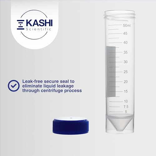 Kashi Scientific 50mL Self Standing Centrifuge Tubes with Screw Cap Lid, Lab Grade Polypropylene Plastic, Skirted, Printed Graduation, Write-on Spot [50mL Self-Standing, 300] - size: 50mL Self-Standing, Sterile
