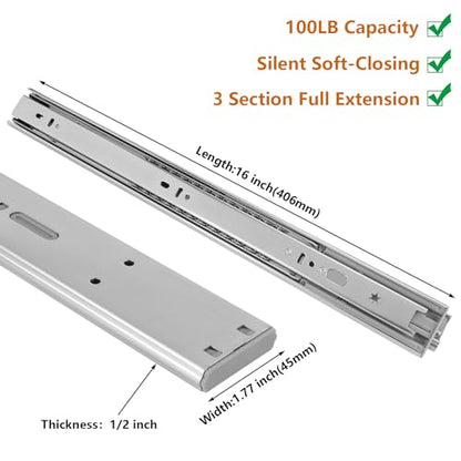 LONTAN 6 Pairs 16 Inch Soft Close Drawer Slides Heavy Duty 100lb Capacity - size: 16 Inch