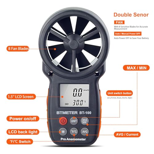 BTMETER BT-100 Handheld Anemometer, Digital Wind Speed CFM Meter Gauge Air Flow Velocity Tester for HVAC Shooting Drone, Wind Chill, 14℉-113℉ Wind Temperature - color: BT-100 Anemometer