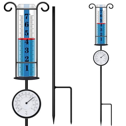 JMBay Rain Gauge Outdoor with Thermometer, Rain Gauges Outdoors Best Rated, Large Font Rain Measure Gauge for Yard, Rain Water Meter with Thickened Plastic Tube and Duralbe Metal Stake for Patio,Lawn - color: Large Rain Gauge with Thermometer