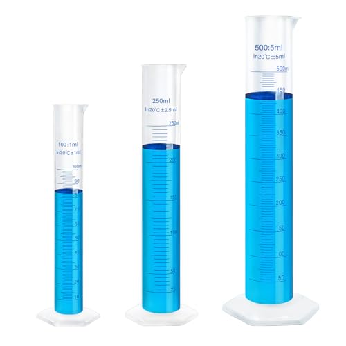3pcs Plastic Graduated Cylinders - 100 250 500ml, Lab Chemistry Measuring Cylinders Set - Durable Class A Polymer, Clear Graduations, 2-Sided Marking for Home Experiment Science Biology Project - size: 100ml + 250ml + 500ml