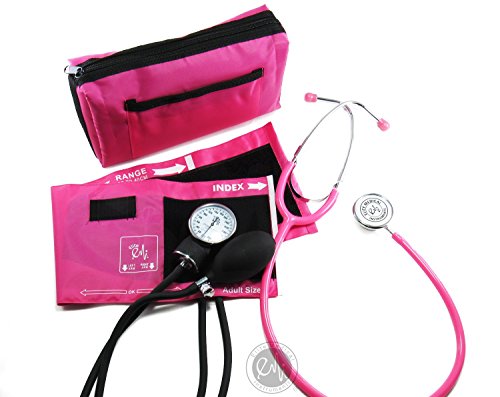 EMI #305 Pink Aneroid Sphygmomanometer Manual Blood Pressure Monitor with Adult Cuff and Dual Head Stethoscope Set Kit - color: Pink