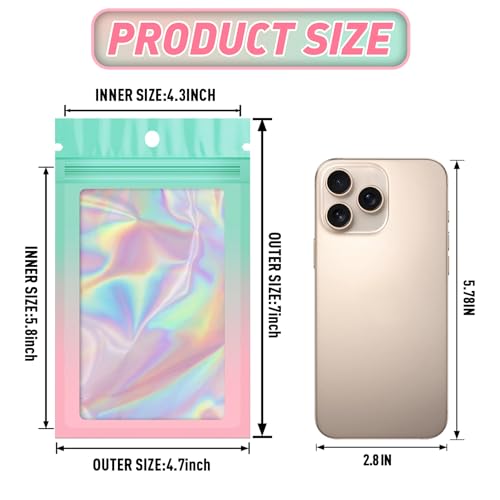 Funfery 100 Pack Gradient Holographic Bags,Mylar Resealable Bags with Zipper,Clear Window Packaging Pouchs,Smell Proof Foil Bag for Food Storage,Sample Jewelry Baggies(4.7×7In,Green Pink) - color: Green Pink, size: 4.7x7 Inch