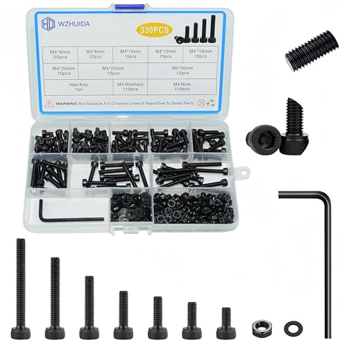 330 Pcs M4 Screws Assortment Kit, M4x6mm/8mm/10mm/12mm/16mm/20mm/25mm/30mm, Metric Hex Socket Head Cap Screws Nuts Washers Kit with Wrench, Black Zinc Plated - size: M4 330Pcs 6mm-30mm