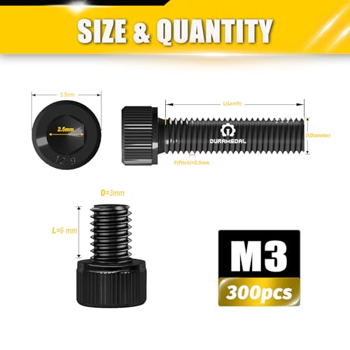 M3x6mm Screws 300pcs Hex Socket Cap 12.9 Steel Black Zinc Fully Thread - size: M3*6mm 300pcs