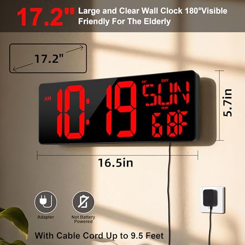 17.2"Large Digital Wall Clock Large Display with Remote Control 180°Visible - color: Red