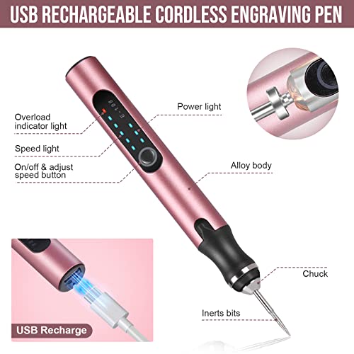 Electric Engraving Pen with 37 Bits, USB Rechargeable Cordless Engraving Machine, Portable DIY Rotary Engraver for Jewelry Wood Glass Stone Carving (Rose red)
