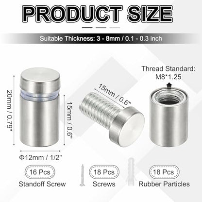 PATIKIL 1/2x0.79" Standoff Screws, 16 Pack Stainless Steel Stand Off Wall Mounts Wall Sign Mounting Hardware Advertising Standoff Nail for Hanging Acrylic Signs Picture Frame, Silver - size: 1/2x0.79"