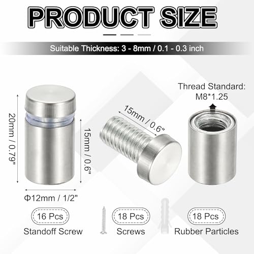 PATIKIL 1/2x0.79" Standoff Screws, 16 Pack Stainless Steel Stand Off Wall Mounts Wall Sign Mounting Hardware Advertising Standoff Nail for Hanging Acrylic Signs Picture Frame, Silver - size: 1/2x0.79"