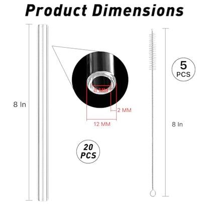 20 Pieces 8 Inches Long Clear Glass Tubes for Art DIY Laboratory, 12mm OD 8mm ID 2mm Thick Wall Glass Borosilicate Blowing Tubing with 5 Cleaning Brush