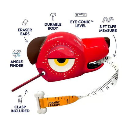 Handy Famm Kids Tape Measure with Level & Angle Finder, 8ft, Roscoe the Dog - style: Roscoe