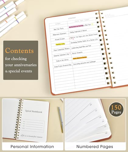 Lined Spiral Journal Notebook, A5 Hardcover Spiral Journals for Women Men, 150 Numbered Pages Spiral Bound Notebook, 100 GSM College Ruled Notebooks for Writing Note Taking 5.75" x 8.38", Brown - color: Brown