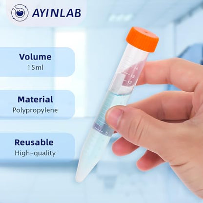 Conical Centrifuge Tubes 15mL, AyinLab Conical Tubes 50pcs, Polypropylene Plastic Test Tubes with Leak-Proof Screw Caps, Graduated and Write Marks, Non-pyrogenic and DNase/RNase Free - size: 15ML-50PCS
