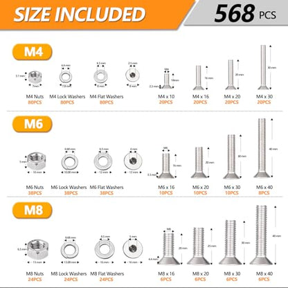 568 Pcs M4 M6 M8 Flat Head Socket Cap Screws Countersunk Bolts - size: M4/M6/M8 - 10/16/20/25//30/40mm