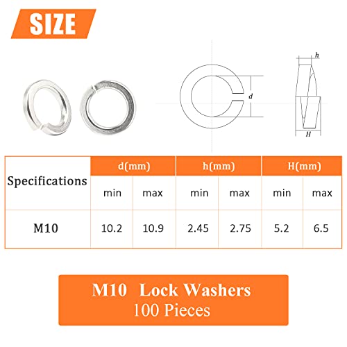 HELIFOUNER 100 Pieces M10 Stainless Steel Split Lock Washers, 304 Stainless Steel Spring Lock Washers for Screws Bolts, Silver - color: Silver, size: M10 (100 PCS)