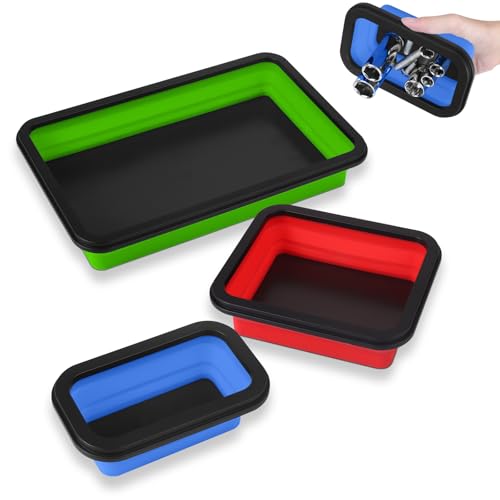 3Pcs Collapsible Magnetic Parts Tray Set, 3 Different Size Tool Trays - color: Green (L) +Red (M) + Blue (S)