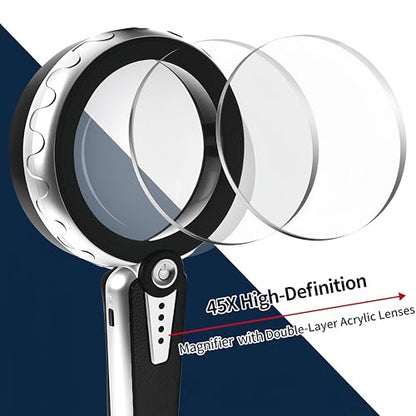 45X Magnifying Glass with Light, Rechargeable LED Magnifier for Reading - color: Black