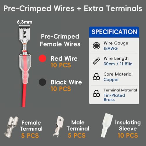 Speaker Wire Connector Kit 20PCS 18AWG Pre-Crimped Female Spade Wire - size: 6.3mm