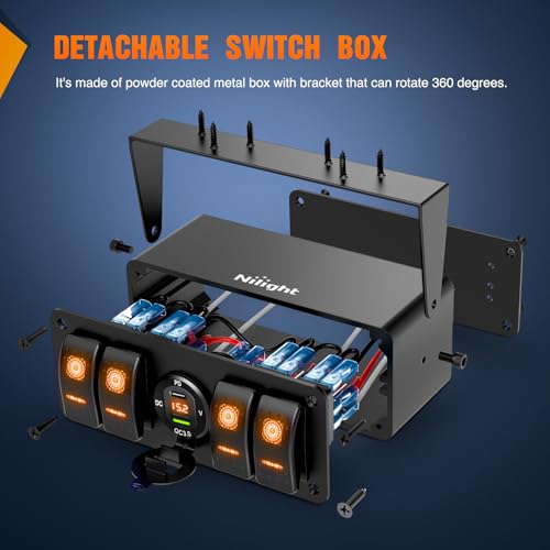 Nilight 4 Gang Rocker Switch Box 12V SPST ON Off Orange LED Waterproof - color: Amber+Box, size: 4+1 Gang Type C +USB