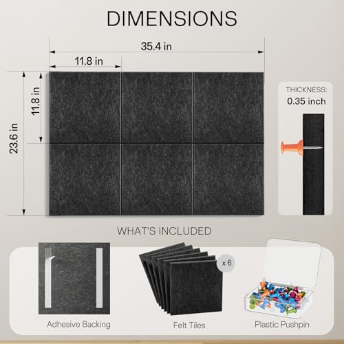 MaxGear Felt Bulletin Board 36" x 24", Dark Gray Felt Wall Tiles Push Pins - color: Dark Gray, size: 36" x 24"