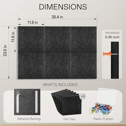 MaxGear Felt Bulletin Board 36" x 24", Dark Gray Felt Wall Tiles Push Pins - color: Dark Gray, size: 36" x 24"