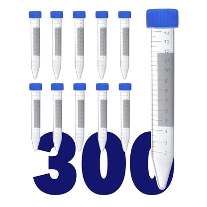 Kashi Scientific 15mL Screw Cap Conical Centrifuge Tubes, Sterile Test Tubes with Blue Lids, Lab-Grade Polypropylene Plastic, Printed Graduation and Write-on Spot [15mL, 300] - size: 15mL, Conical, Sterile