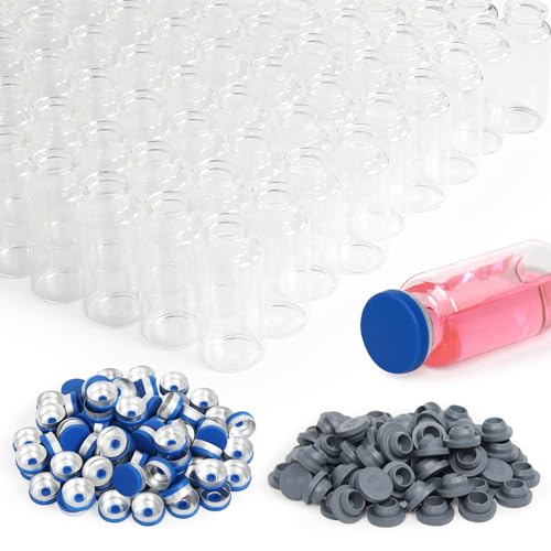 100 Pack 20ml Clear Glass Vials with Caps – 5.5 Dram Lab Headspace Vials, 20mm Neck Diameter, Includes Flip Top Caps and Self-Sealing Rubber Stoppers for Laboratory, Sample Storage - color: Clear Vial Blue Cap, size: 20ml