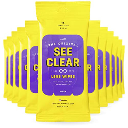 See Clear Original Lens Cleaning Wipes - Pre-Moistened Eyeglass & Screen Cleaning Cloth Towelettes - Streak Free, Scratch Free Lens & Electronic Screen Cleaner - 12 Resealable Packs of 16 (192 Wipes) - size: 16 Count (Pack of 12)
