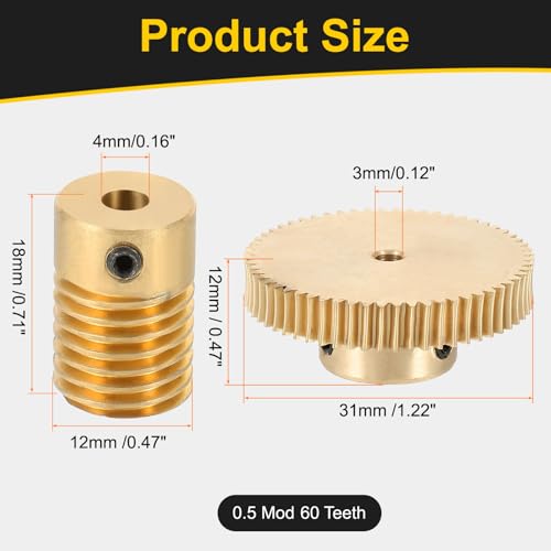 uxcell Worm Gear Set 60T 0.5 Module 60:1 Reduction Rate, Right Rotation Drive Gear Box Wheel Reduce Transmission Part (Brass Gear-3mm Bore, Brass Rod 4mm Bore) - size: Gear-3mm, Rod-4mm Bore, style: 0.5M-60T