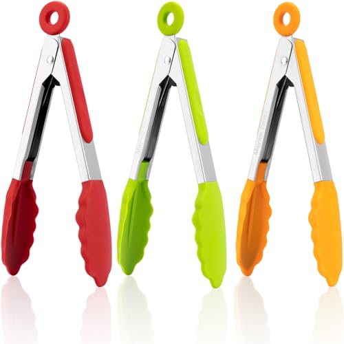 Small Silicone Tongs for Cooking, 3 PCS 7-Inch Mini Serving Tong - color: 7"-MultiColor