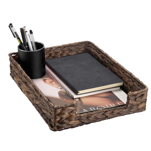 PINXIURY Water Hyacinth Letter Tray for A4 File Desk Mail Letter-Size Paper, Basket Woven Organizer, Magazine Files Storage, Office Document Organizer and Storage, Coffee - color: Coffee