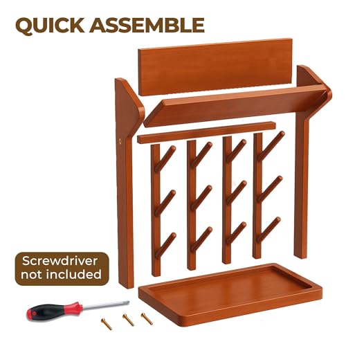 Brown Vertical Bottle Drying Rack Rubber Wood 9 Hooks, Use for Bottles, Cups, Mugs, Glasswine, Space Saving Storage Shelf Bottle Holder Dryer Kitchen