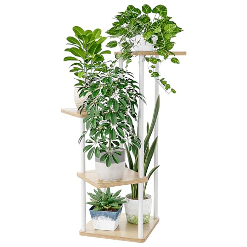 Bamworld Small Plant Stand Indoor 4 Tier White Plant Shelf - color: White Oak, size: 4 Tier