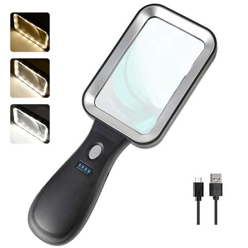 10X Magnifying Glass with Light, Rechargeable Magnifier with 3 Color Modes