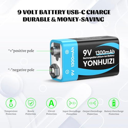 2-Pack 1300mAh Rechargeable 9V Batteries, 9 Volt Lithium-ion Square Battery Long Lasting Power+Clip Connector and Storage Box for Smoke Alarms, Student Experiment or Other Equipment - size: 2Pcs