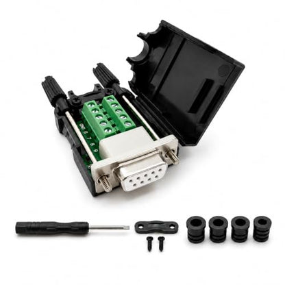 UHUZZ 1PCS DB9 Female Breakout Connector, Solderless 9-Pin D-Sub RS232 Serial Adapter with Screw Terminals, Protective Housing, Long Screws and Tail Pipe for PLC, Modem, Industrial Equipment
