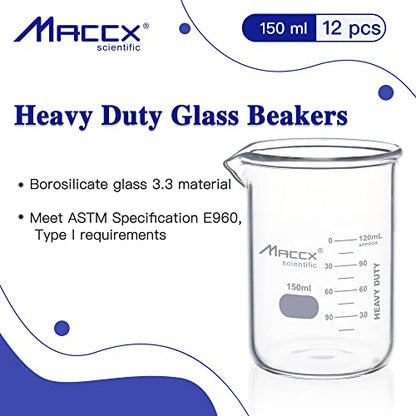 5.07oz(150ml) New Upgraded Glass Beakers, Heavy Duty Lab Beaker Set, 3.3 Borosilicate with Double Scale, Pack of 12, HDBK150-012 - style: Vol.150ml, Pack of 12