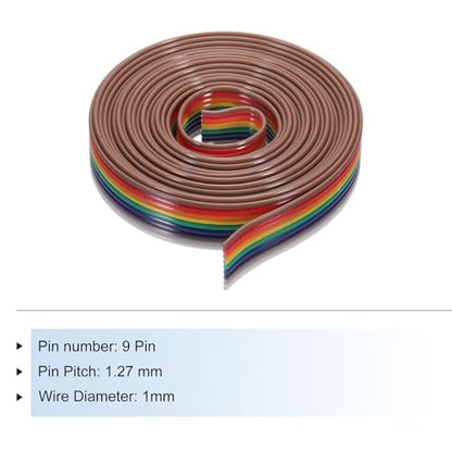 MECCANIXITY 1 Pcs 9 Pin Flat Rainbow Ribbon Cable 6.6 Ft 1.27mm Pitch Breadboard Jumper Wires for Electronic Projects - size: 6.6 Ft, style: 9P